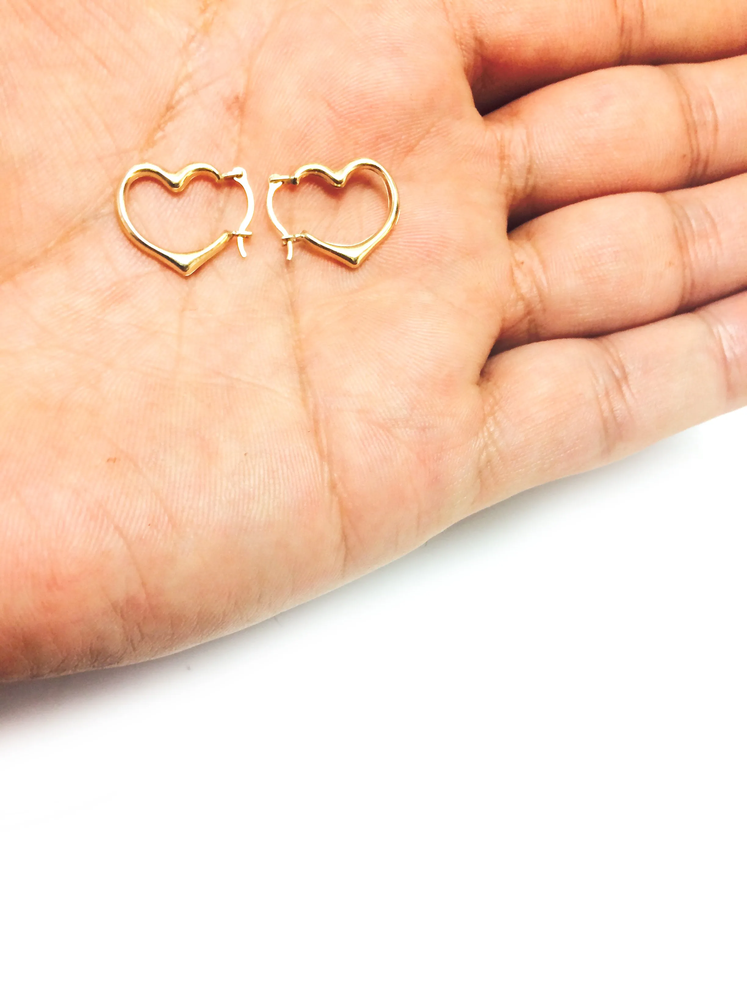 14k Yellow Gold Shiny Open Heart Hoop Earrings, Diameter 15mm