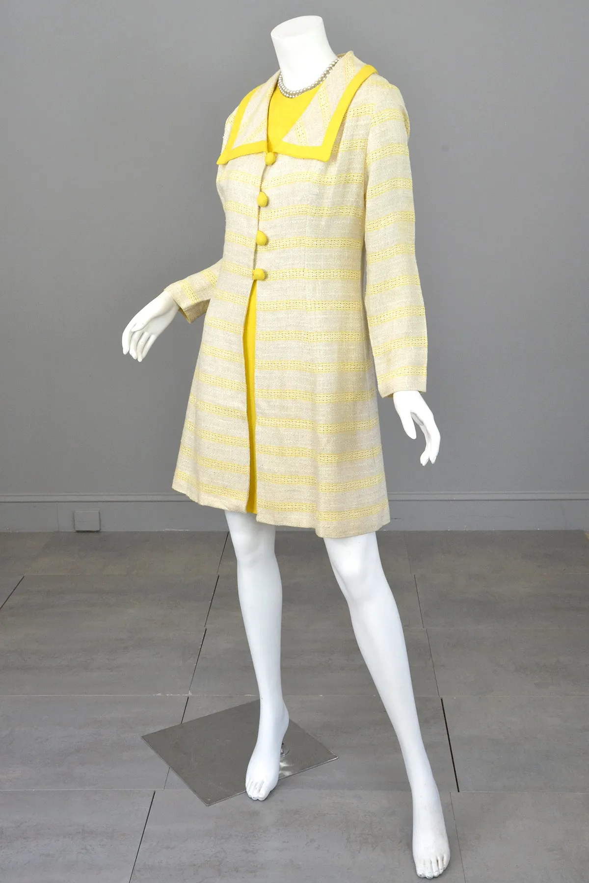 1970s Taupe and Yellow Retro Dress and Coat Set | Mod Coat and Dress