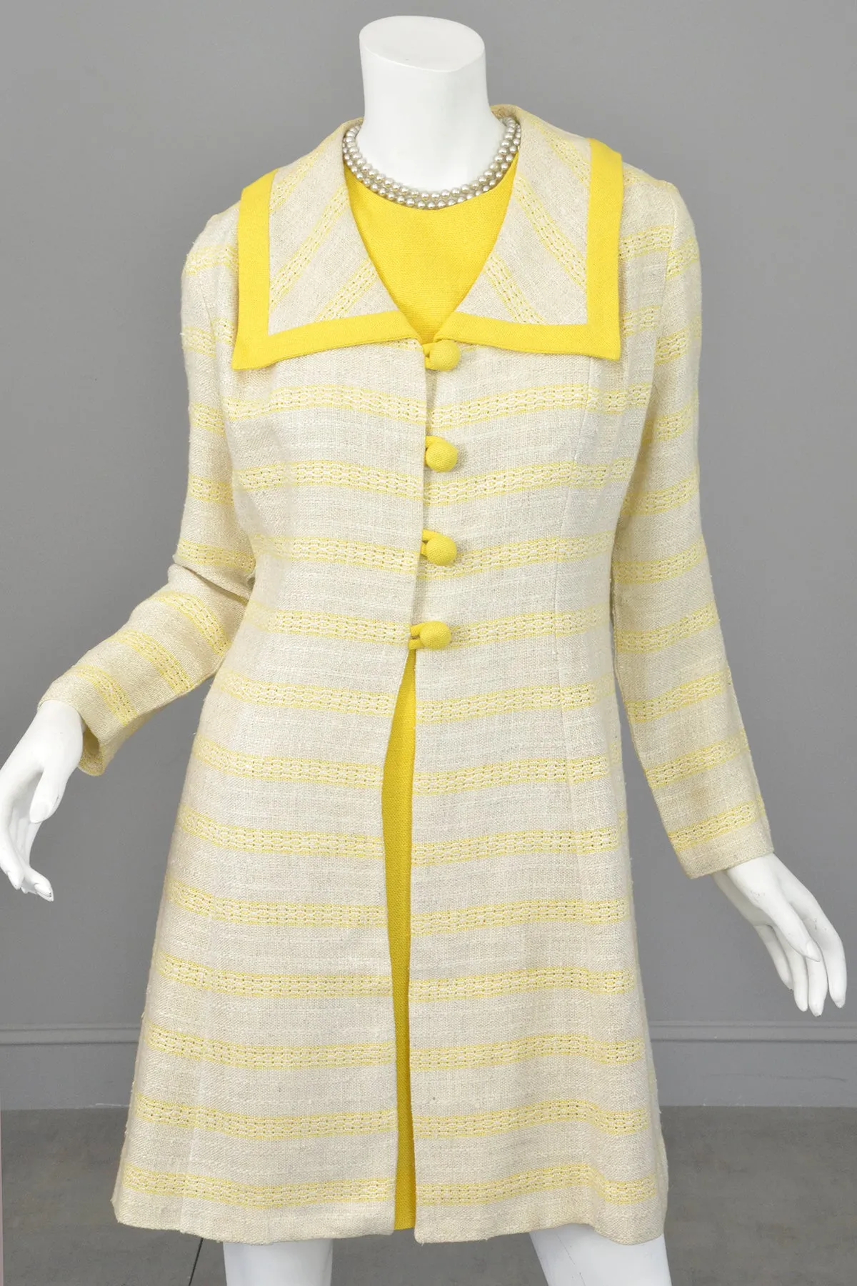 1970s Taupe and Yellow Retro Dress and Coat Set | Mod Coat and Dress