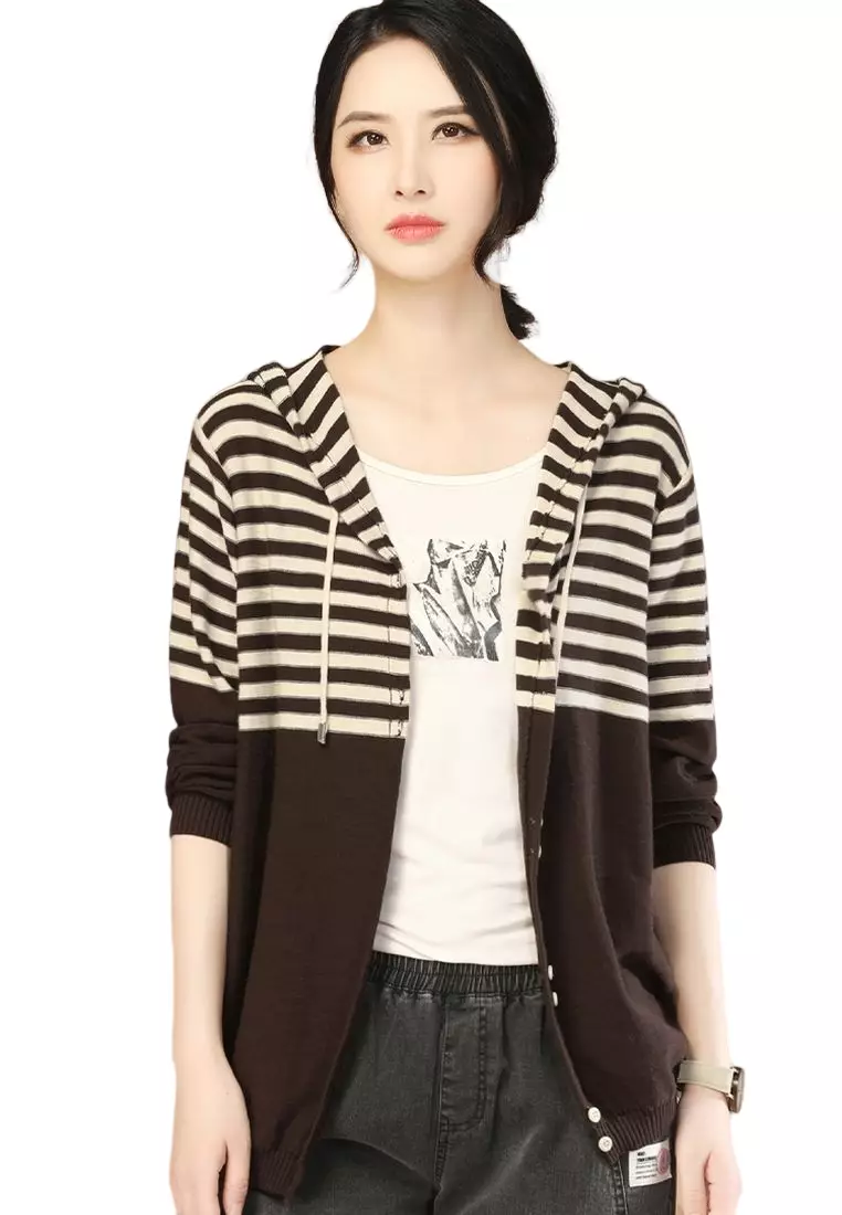 A-IN GIRLS Stylish Striped Hooded Knit Jacket