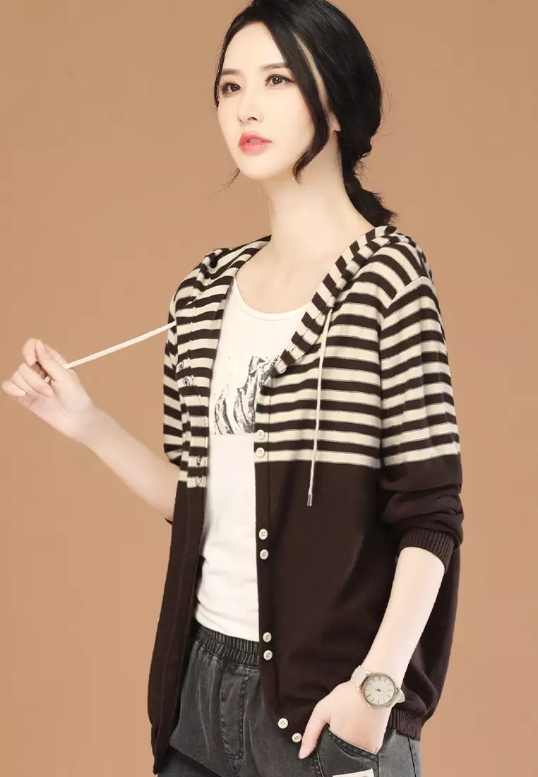 A-IN GIRLS Stylish Striped Hooded Knit Jacket