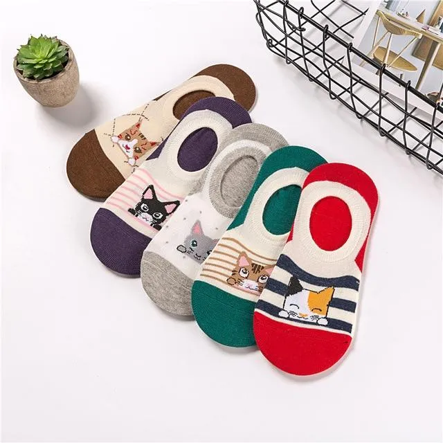 A Set of 5 Pairs Cute Harajuku Printed Low Ankle Summer Socks for Women