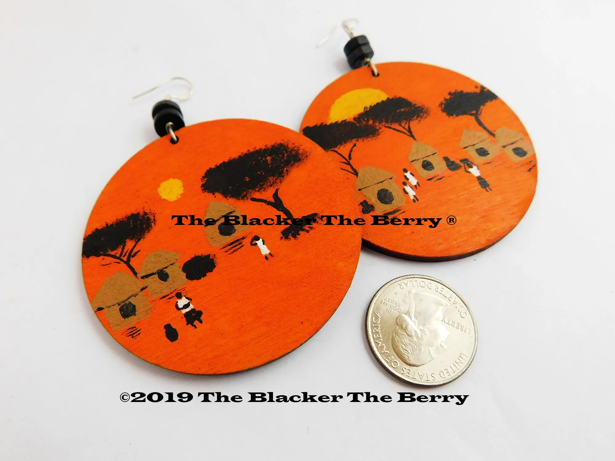 African Earrings Village Hand Painted Jewelry Orange Black