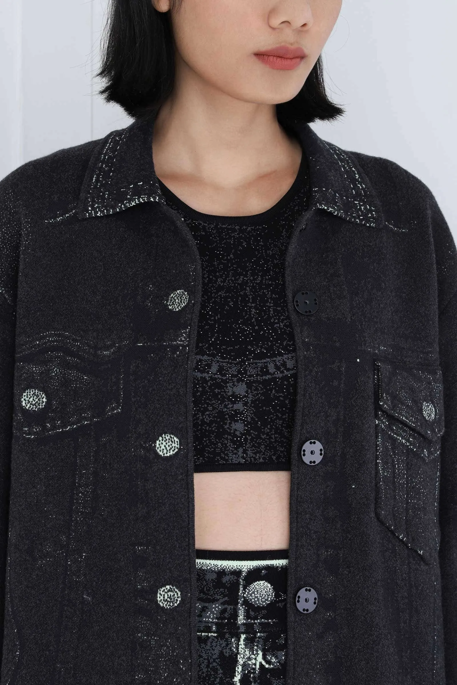 Black Green Hana Denim Print Oversized Jacket