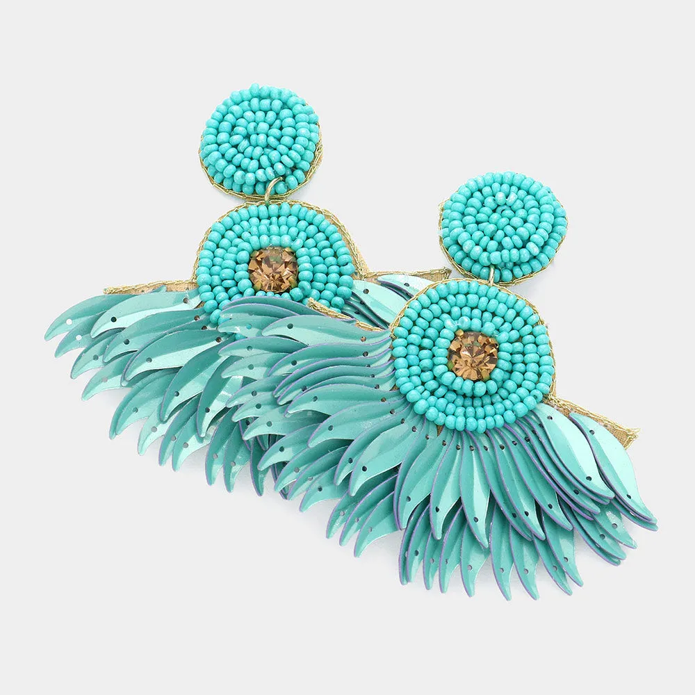 Boho Seed Beaded Round Fringe Feathery Dangle Earrings