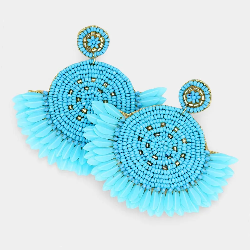 Boho Seed Beaded Round Fringe Feathery Dangle Earrings