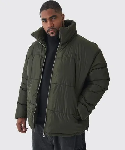 boohoo Mens Plus Worldwide Applique Funnel Neck Puffer Jacket In Khaki