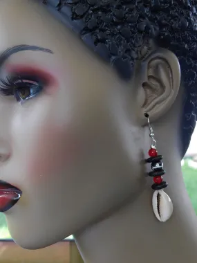 Cowrie Shell Earrings African Beaded Ethnic Red