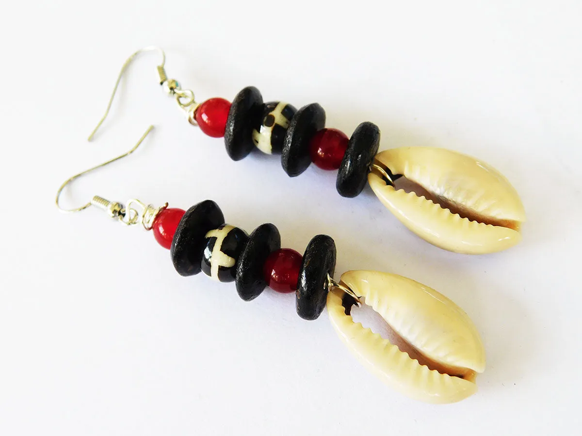 Cowrie Shell Earrings African Beaded Ethnic Red