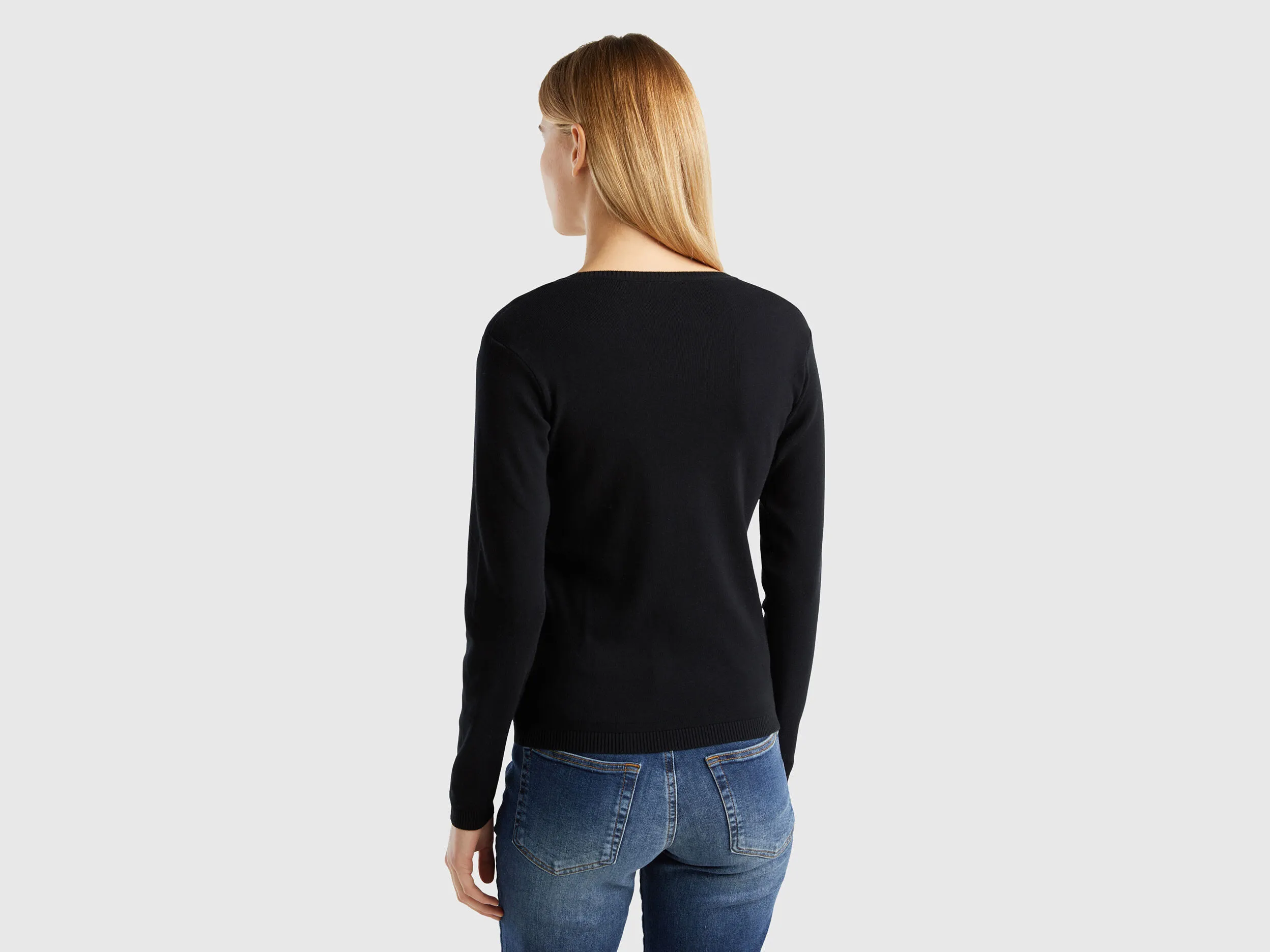 Crew neck sweater in pure cotton - Black | Benetton