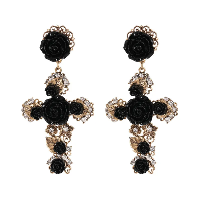 Cruz con Rosas Cross Earrings