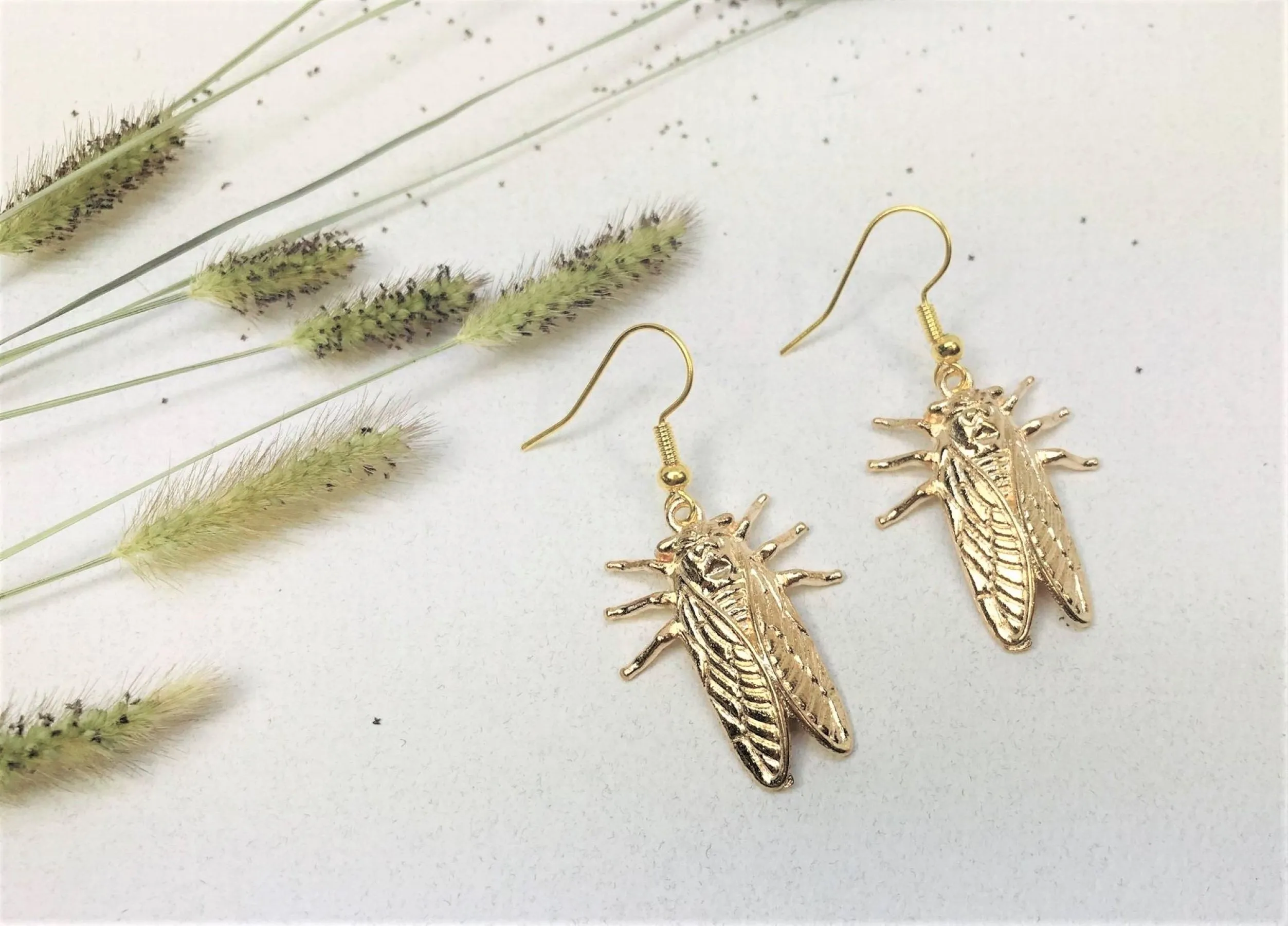 Gold Bug Novelty Earrings, Cicada Jewelry