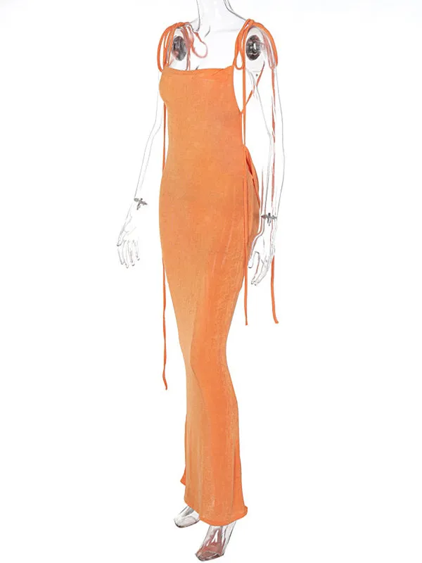 Momnfancy Orange Spaghetti Strap Draped Backless Sleeveless Cocktail Elegant Maternity Maxi Dress