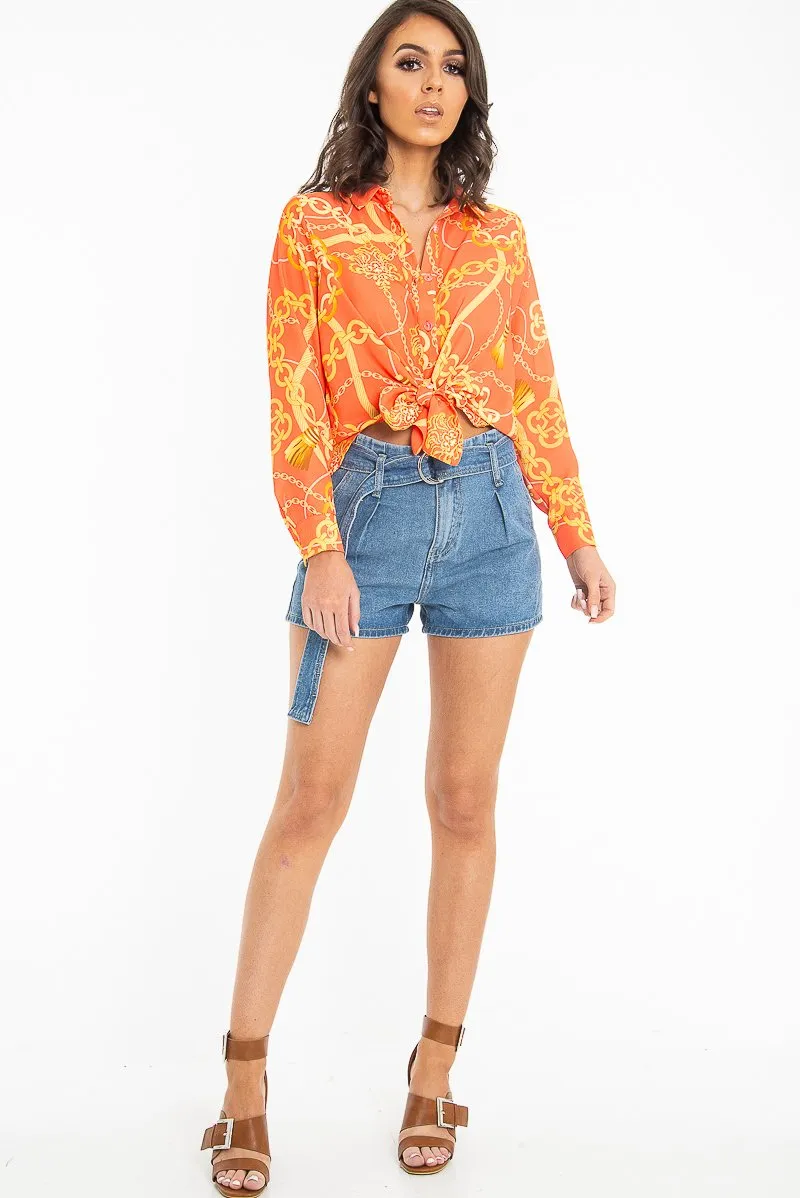 Orange Scarf and Chain Print Tie T-shirt - Murl