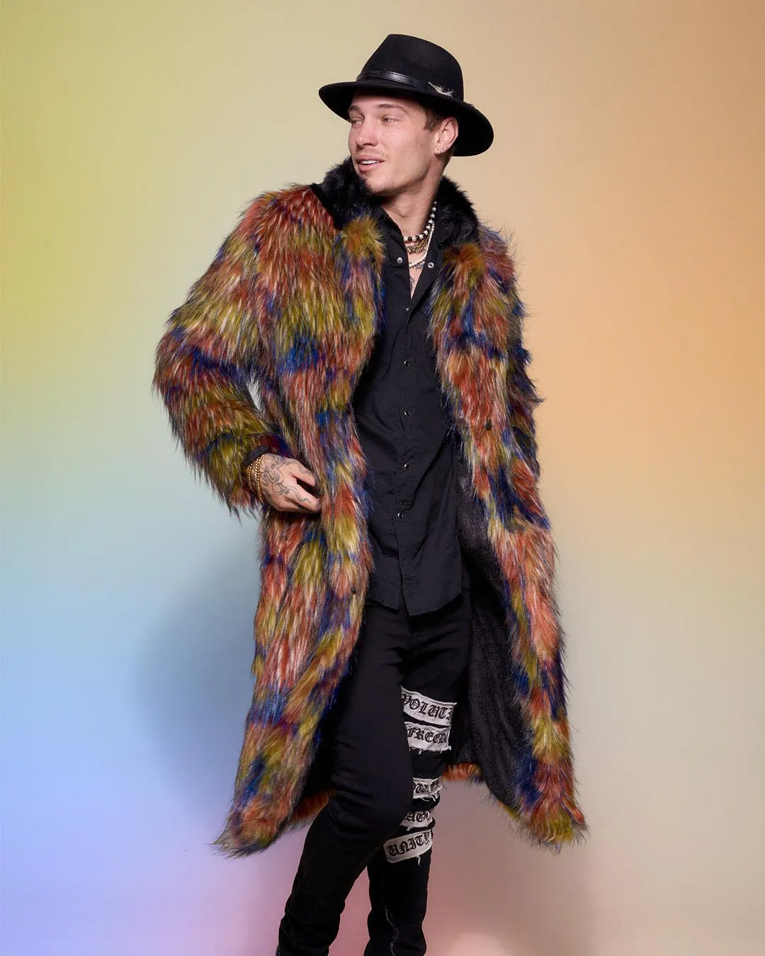 Parrot Calf Length Collared Faux Fur Coat  | Men's