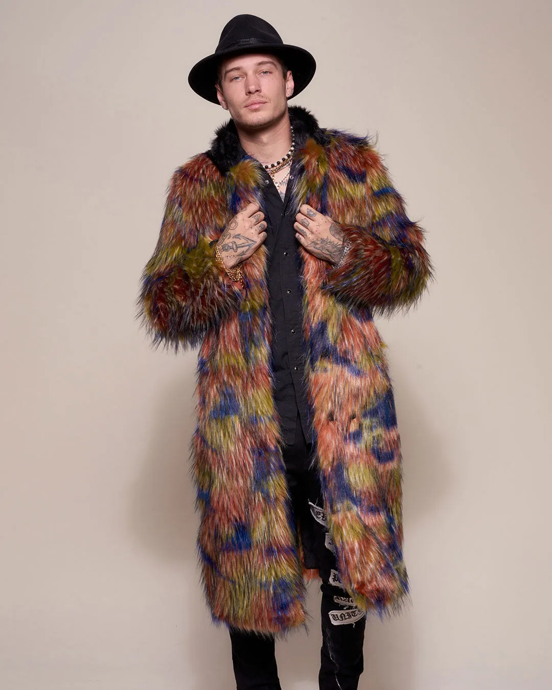 Parrot Calf Length Collared Faux Fur Coat  | Men's