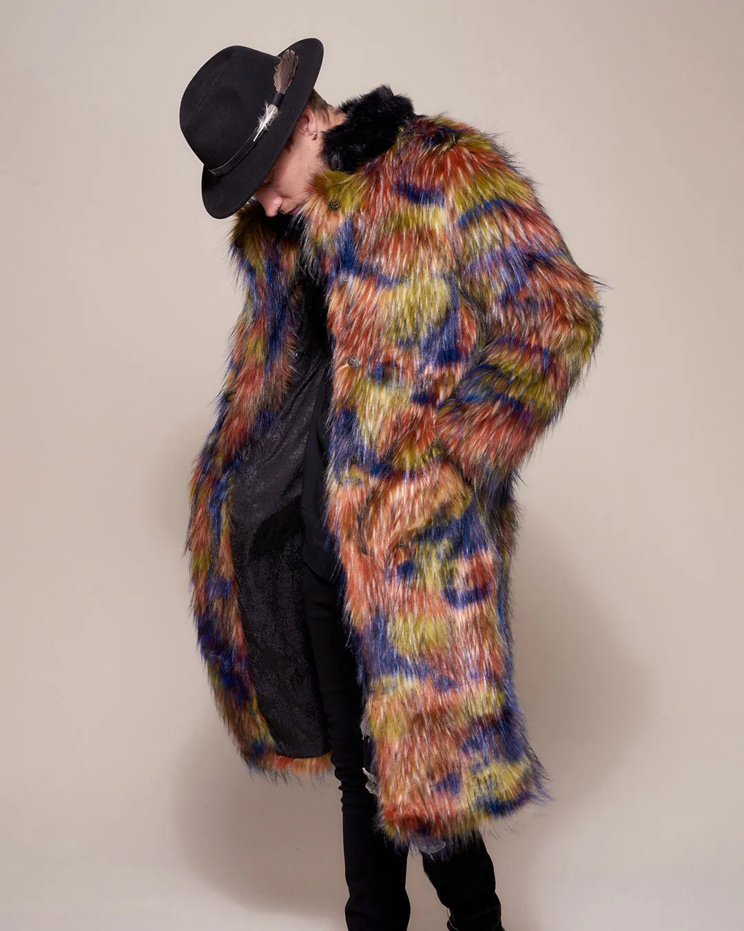 Parrot Calf Length Collared Faux Fur Coat  | Men's