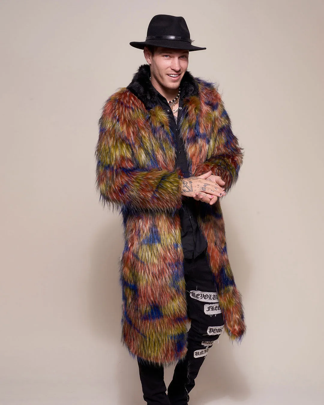 Parrot Calf Length Collared Faux Fur Coat  | Men's