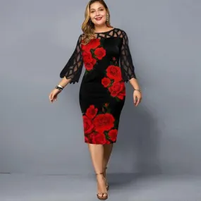 Plus Size Streetwear Style Women's Floral Printed Patchwork Pullover Dress