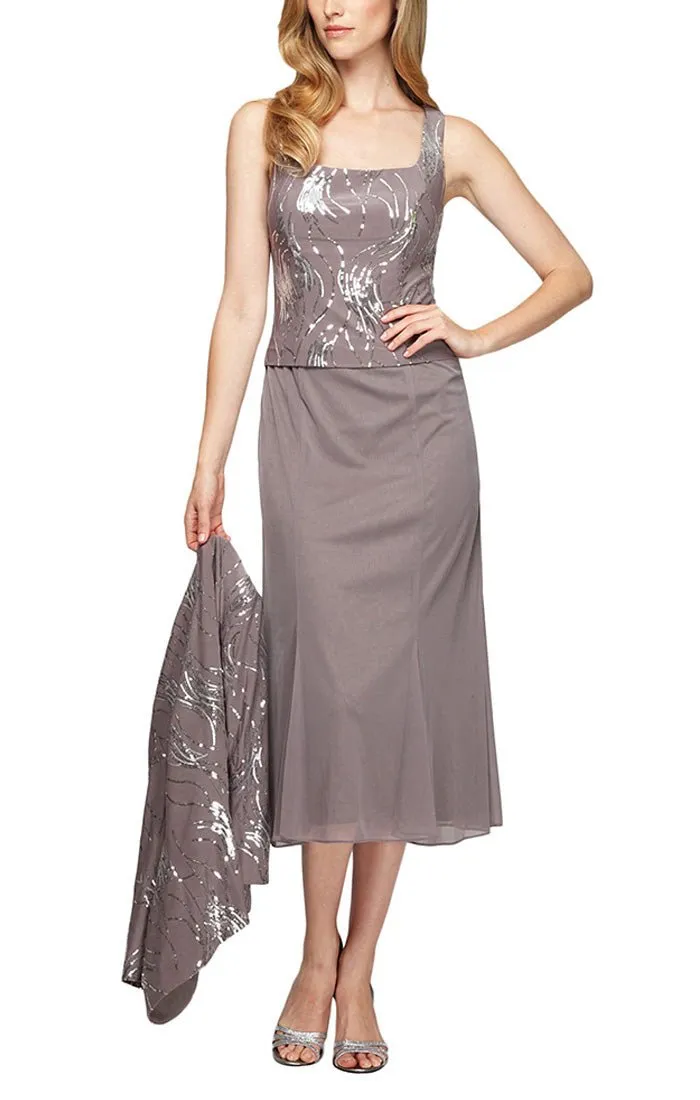 Tea-Length Firework Sequin Jacket Dress with Godet Detail Mesh Skirt