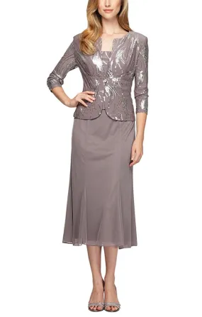 Tea-Length Firework Sequin Jacket Dress with Godet Detail Mesh Skirt