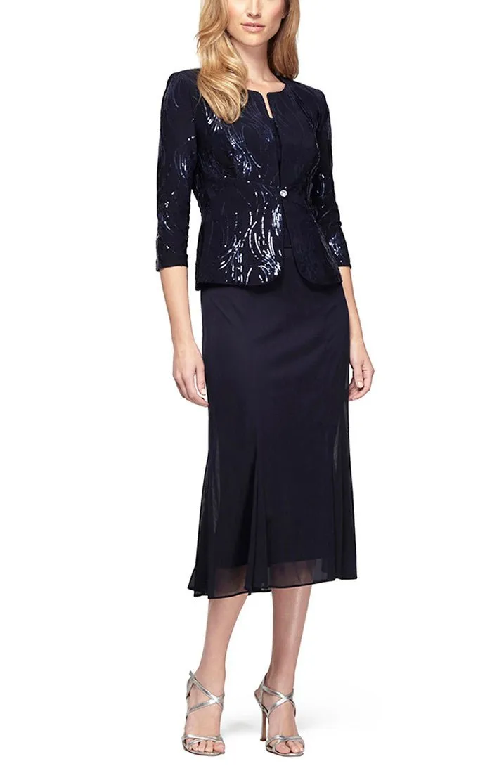 Tea-Length Firework Sequin Jacket Dress with Godet Detail Mesh Skirt