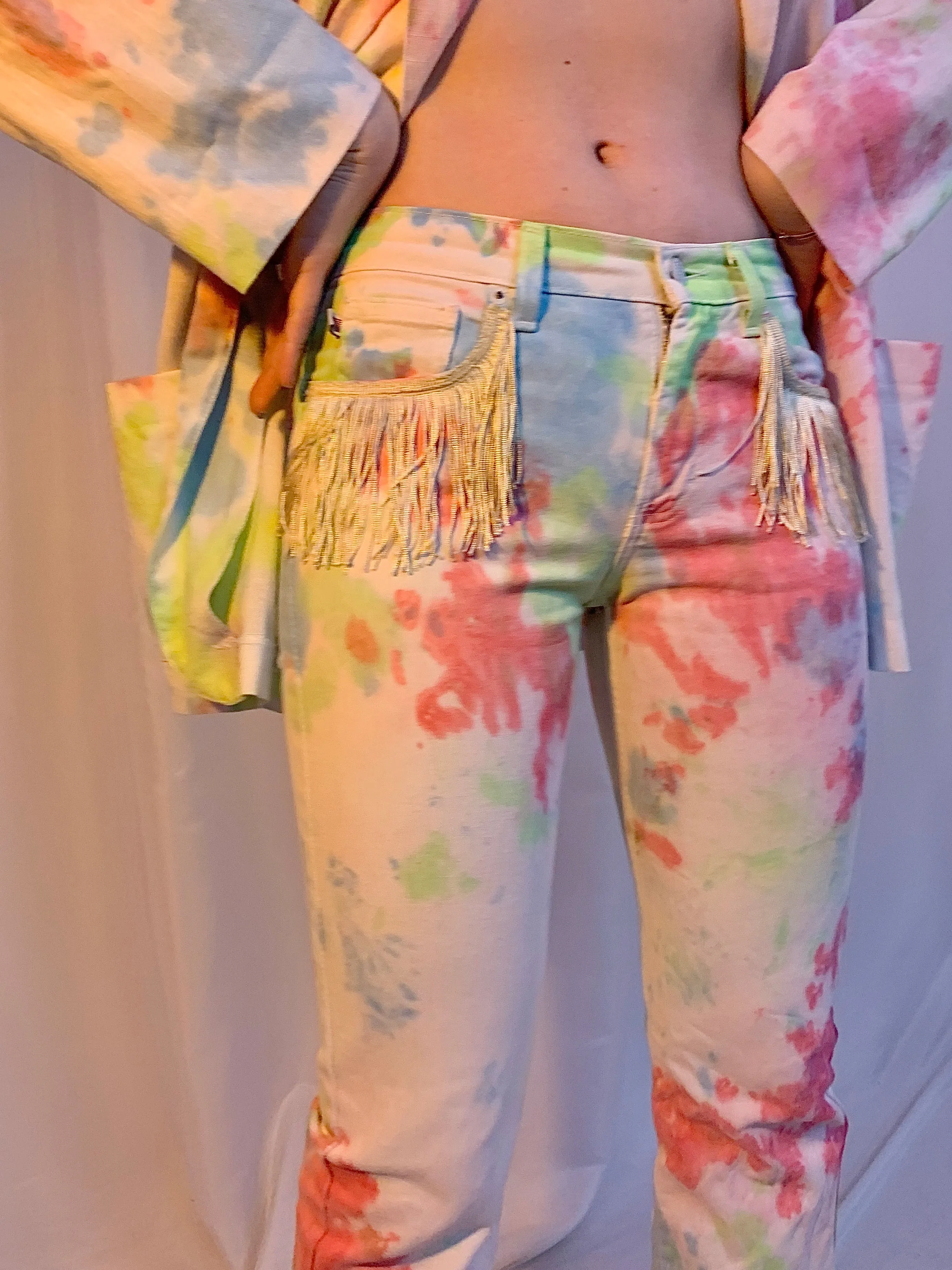 Tie dye cropped fringe jeans