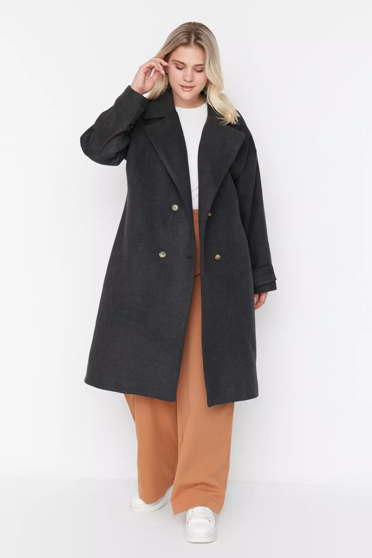 Trendyol Plus Size Anthracite Oversized Stamp Coat