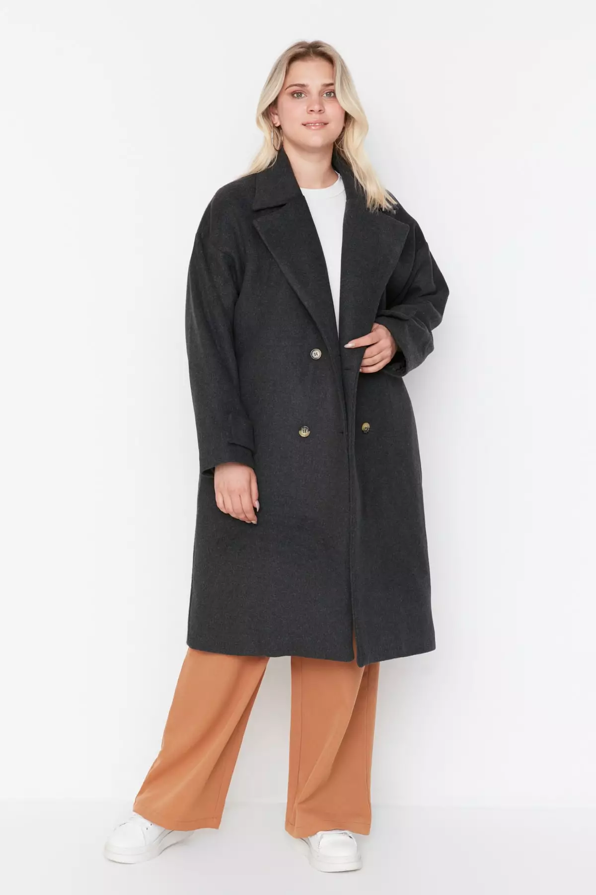 Trendyol Plus Size Anthracite Oversized Stamp Coat