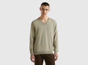 V-neck sweater in pure cotton - Light Green | Benetton