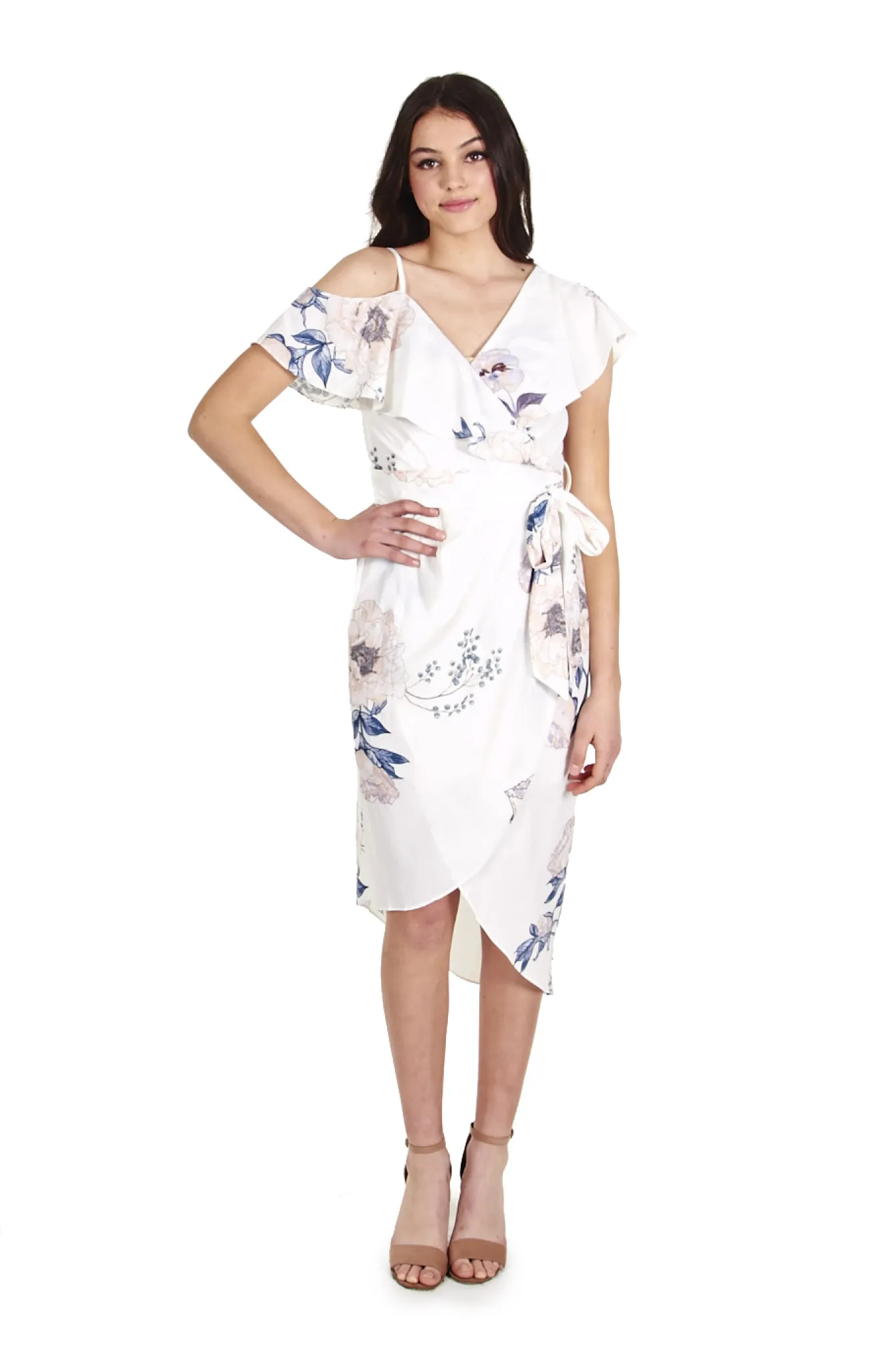 V-Neckline Wrap Dress with Asymmetrical Hem and Sleeve Detail (SSD119-2A) 