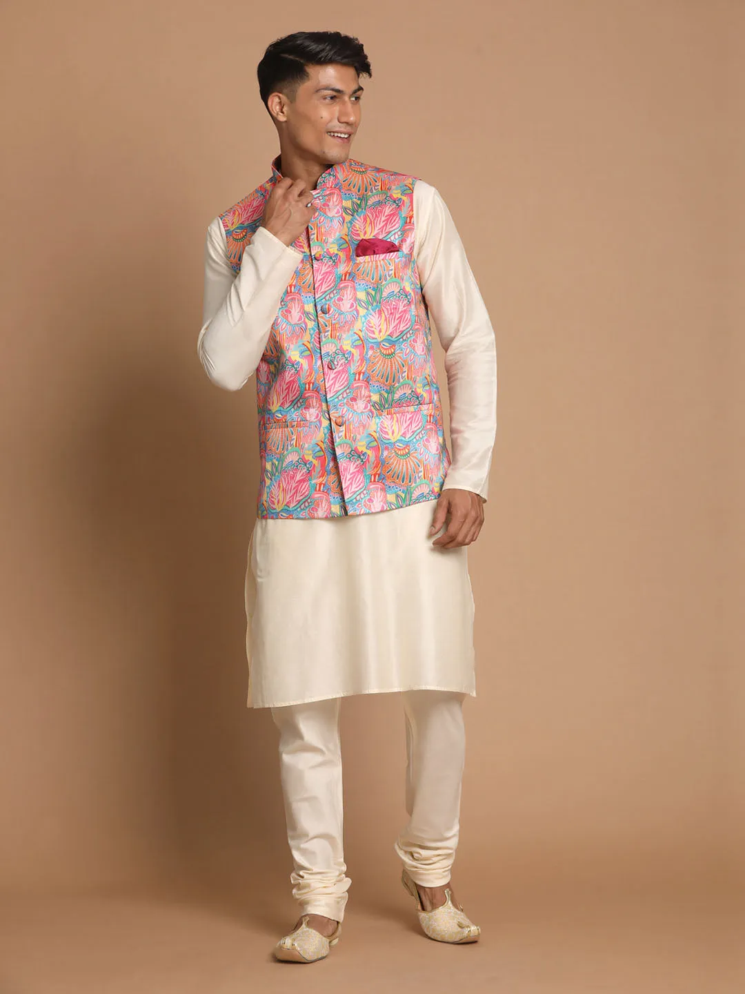 VASTRAMAY Men's Multi-Color Printed Nehru Jacket With Solid Kurta & Pyjama Set