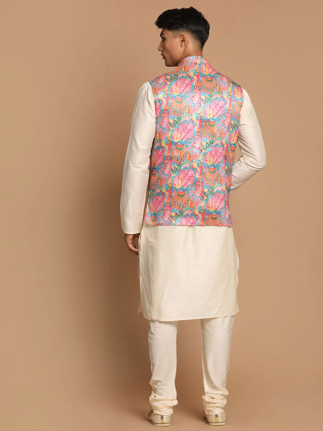 VASTRAMAY Men's Multi-Color Printed Nehru Jacket With Solid Kurta & Pyjama Set