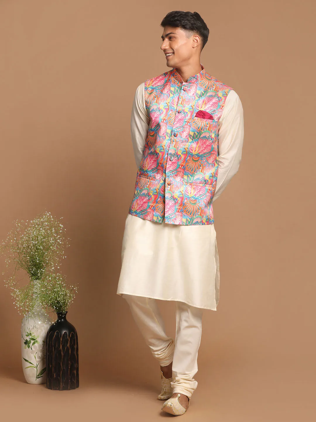 VASTRAMAY Men's Multi-Color Printed Nehru Jacket With Solid Kurta & Pyjama Set