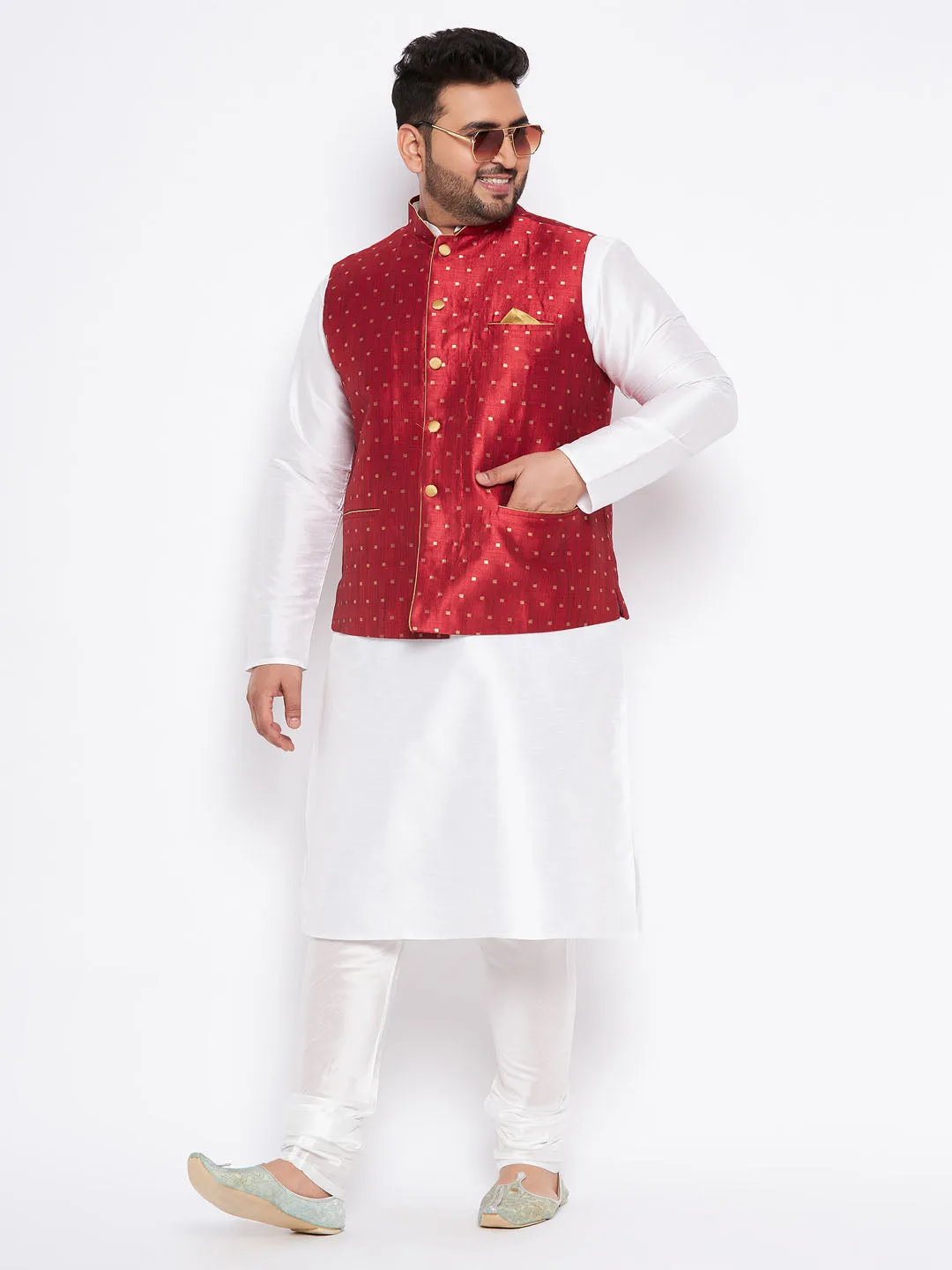 VASTRAMAY Men's Plus Size Maroon Zari Weaved Nehru Jacket With Kurta Pyjama set