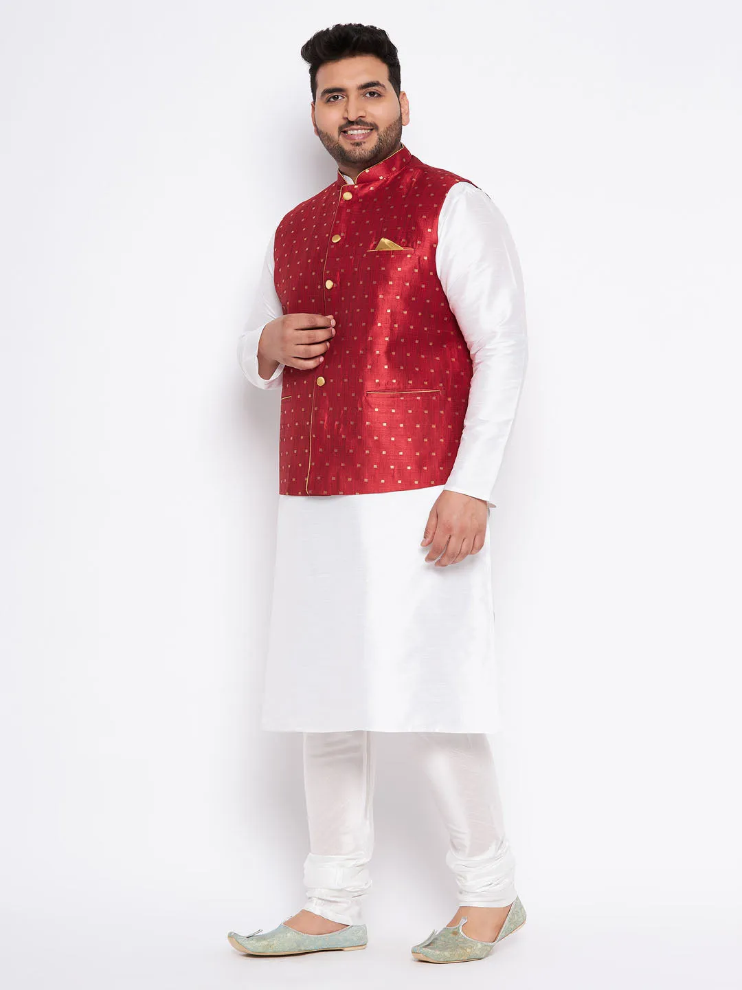 VASTRAMAY Men's Plus Size Maroon Zari Weaved Nehru Jacket With Kurta Pyjama set