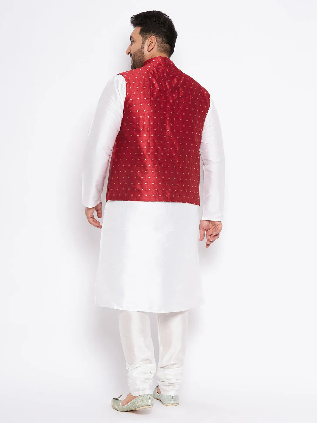 VASTRAMAY Men's Plus Size Maroon Zari Weaved Nehru Jacket With Kurta Pyjama set