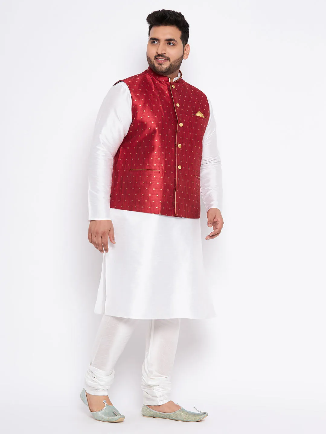 VASTRAMAY Men's Plus Size Maroon Zari Weaved Nehru Jacket With Kurta Pyjama set