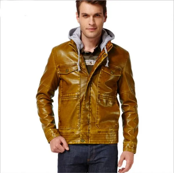 Vintage Style Faux Leather Jacket for Men with Cotton Hood