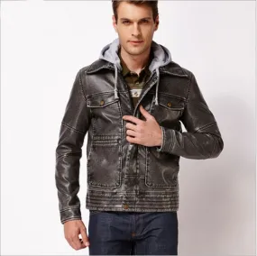 Vintage Style Faux Leather Jacket for Men with Cotton Hood