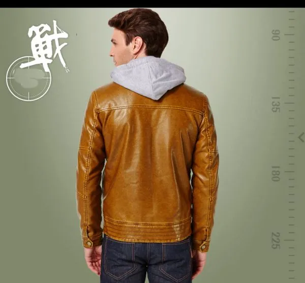 Vintage Style Faux Leather Jacket for Men with Cotton Hood