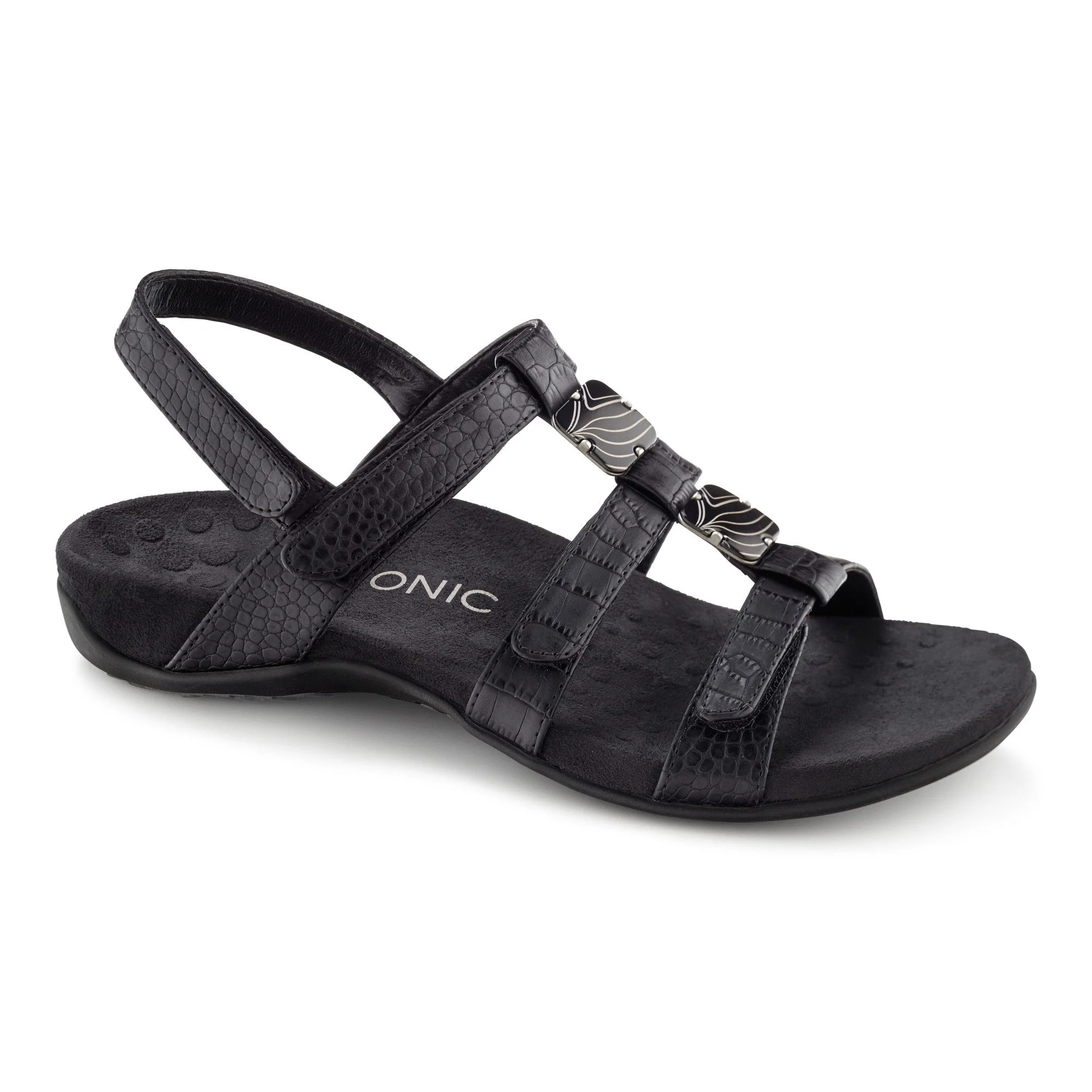 Vionic Womens Amber Adjustable Sandal- Black Crocodile