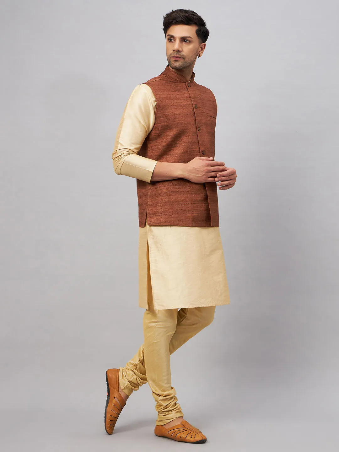 VM BY VASTRAMAY Men's Coffee Jacket With Gold Kurta And Pyjama Set