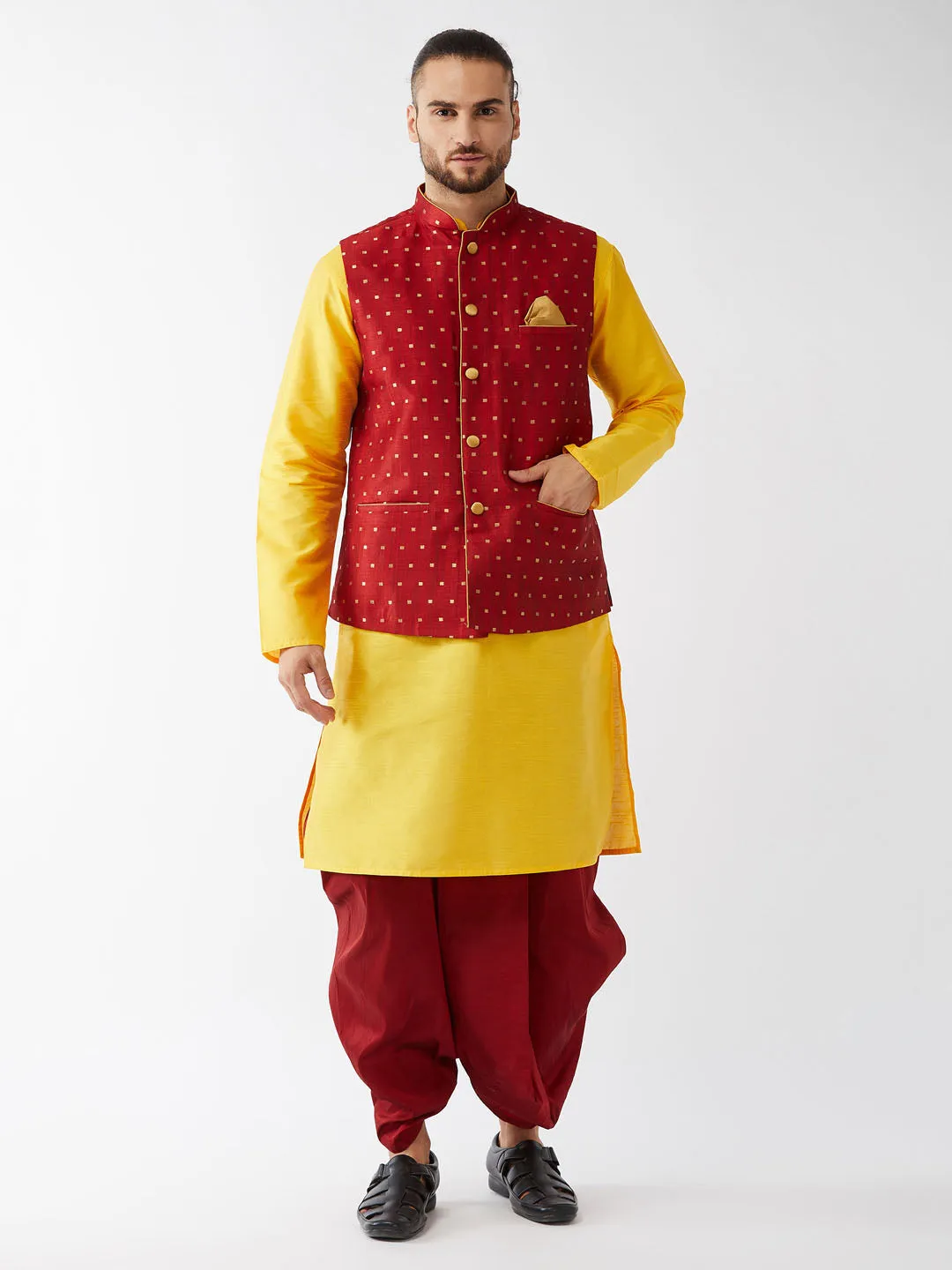 VM By VASTRAMAY Men's Maroon Zari Weaved Jacket With Kurta Dhoti Set