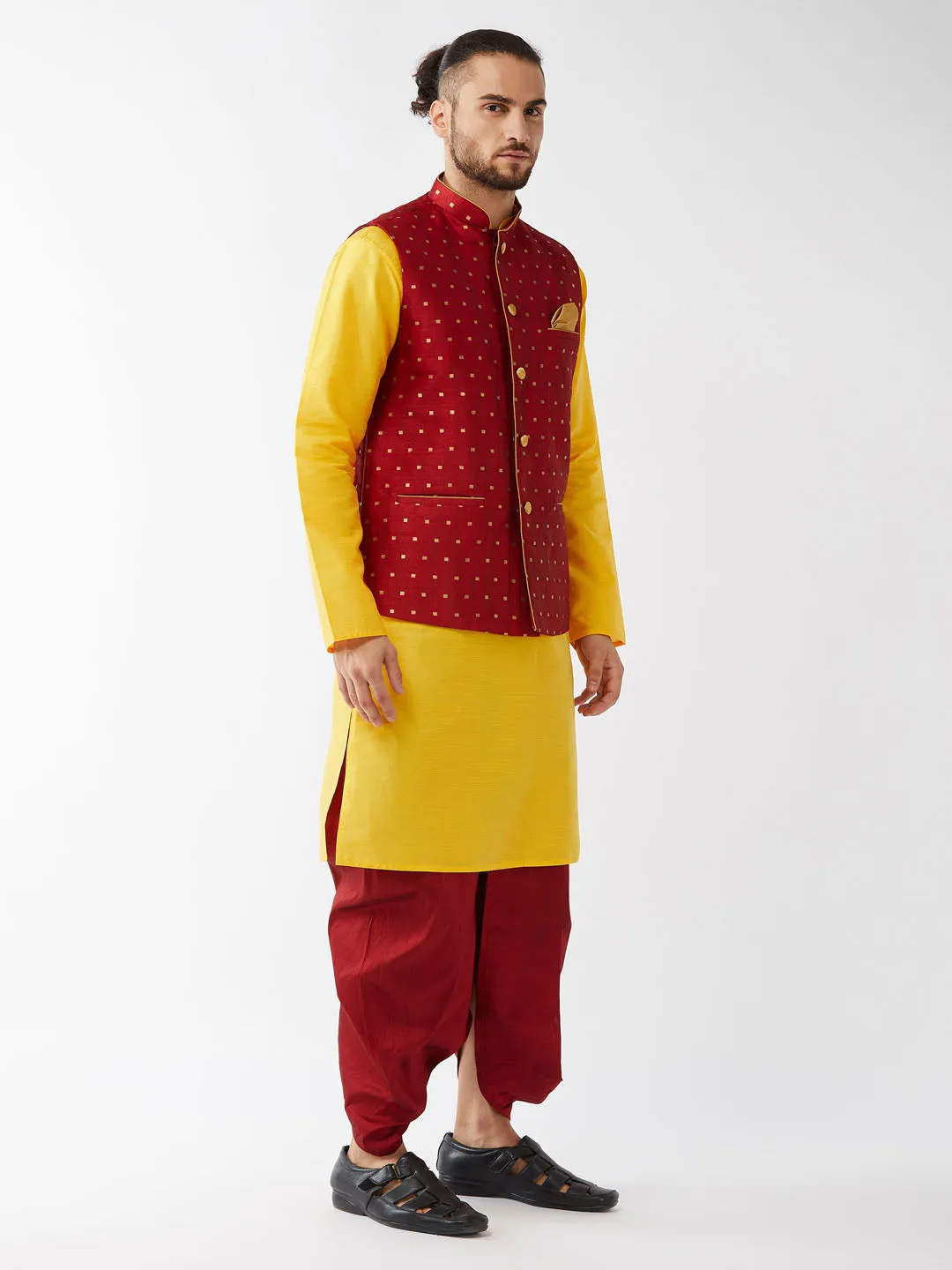 VM By VASTRAMAY Men's Maroon Zari Weaved Jacket With Kurta Dhoti Set