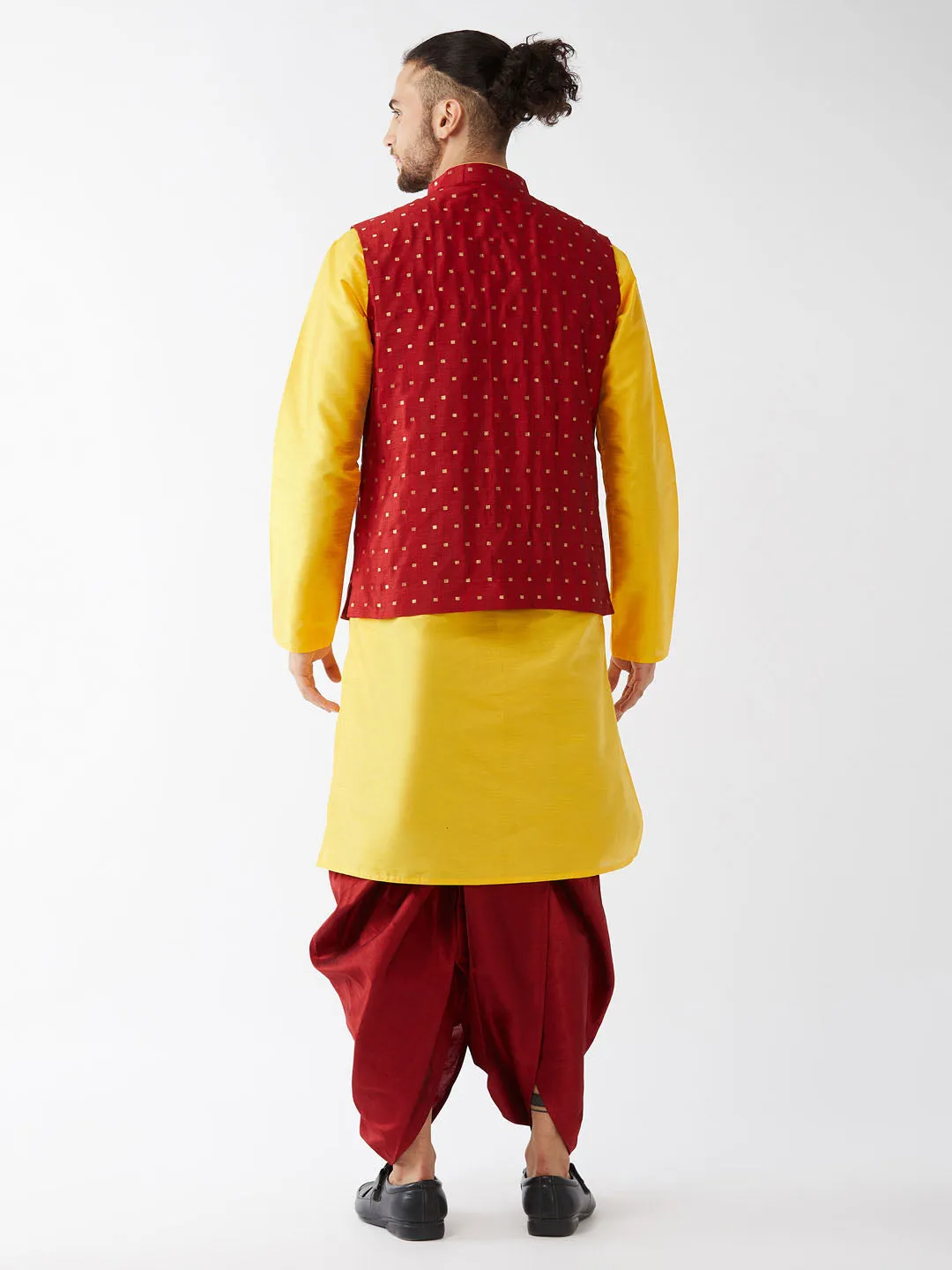 VM By VASTRAMAY Men's Maroon Zari Weaved Jacket With Kurta Dhoti Set