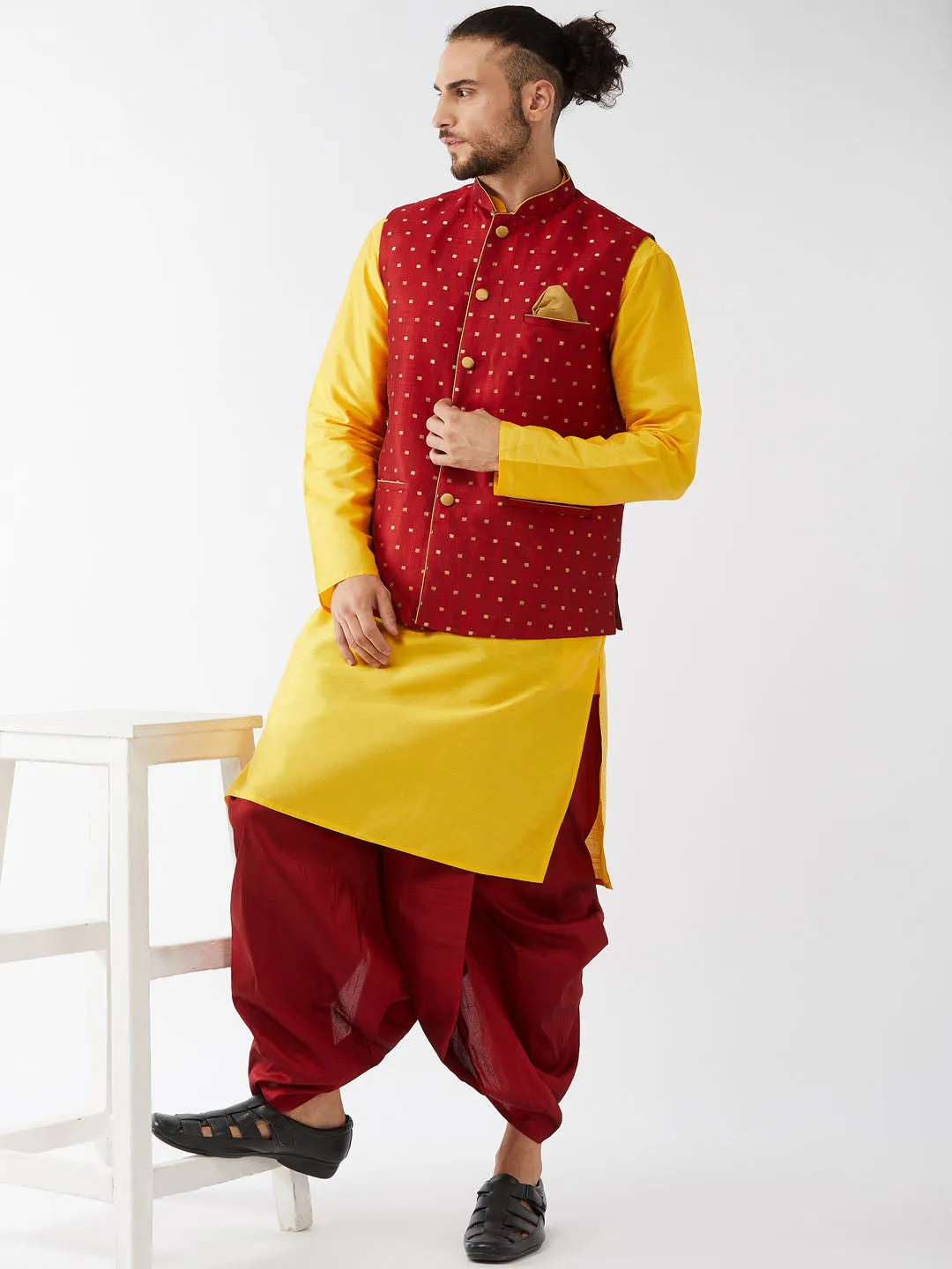 VM By VASTRAMAY Men's Maroon Zari Weaved Jacket With Kurta Dhoti Set