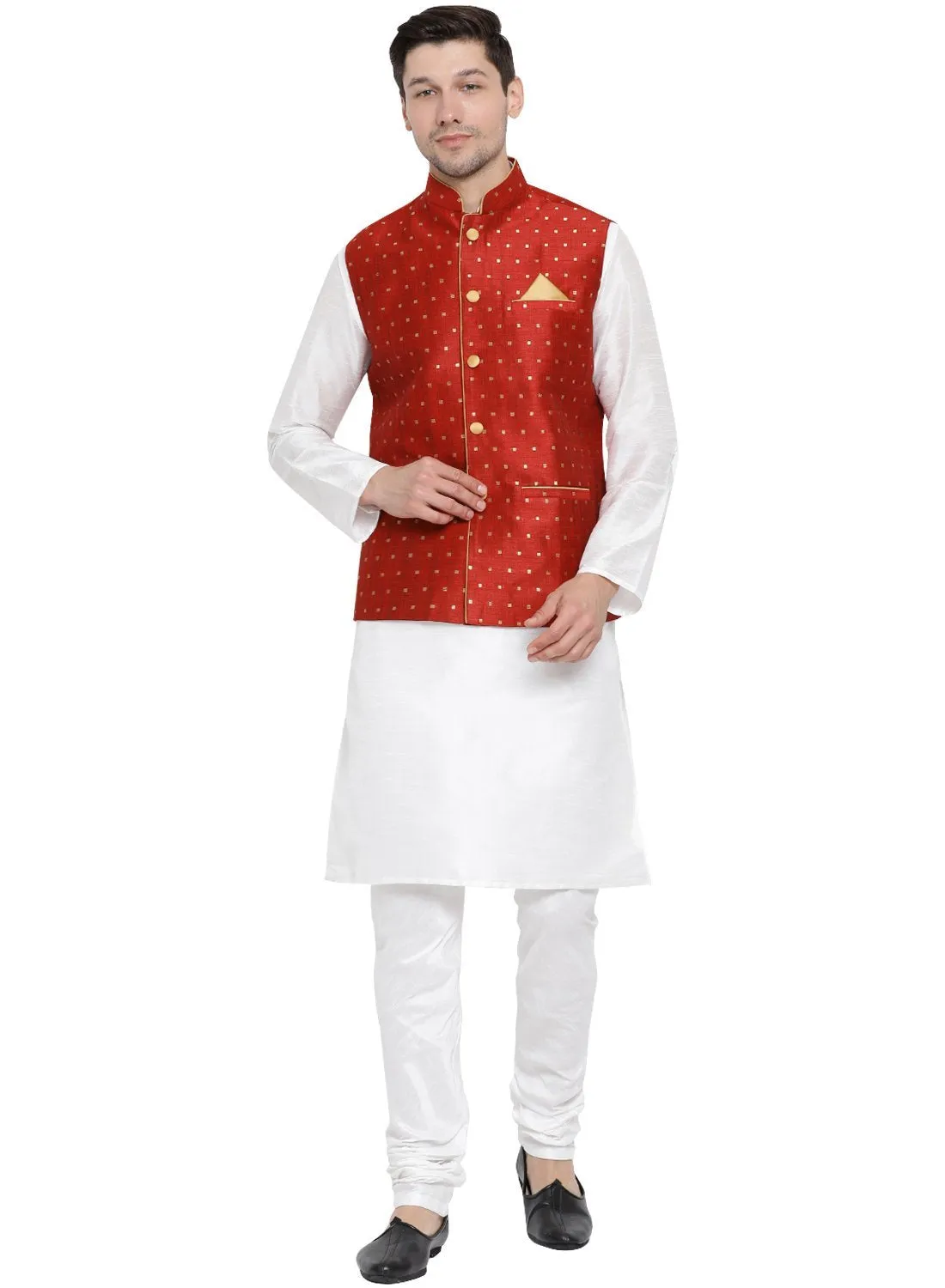 VM By VASTRAMAY Men's Maroon Zari Weaved Jacket With Kurta Pyjama Set