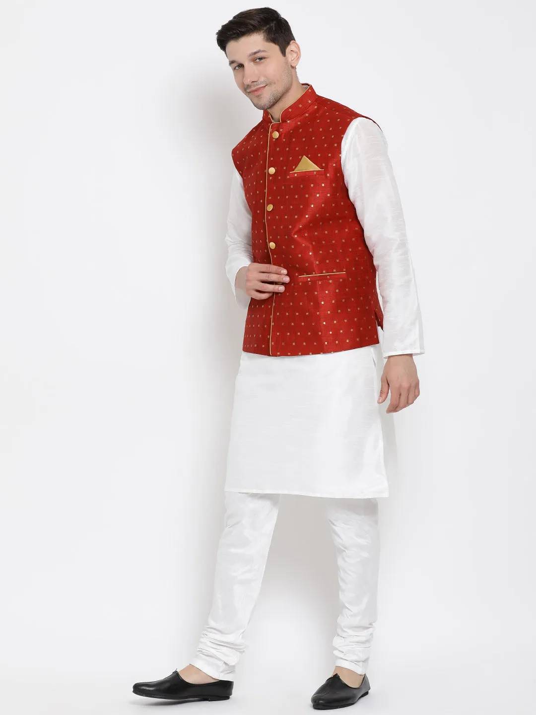 VM By VASTRAMAY Men's Maroon Zari Weaved Jacket With Kurta Pyjama Set