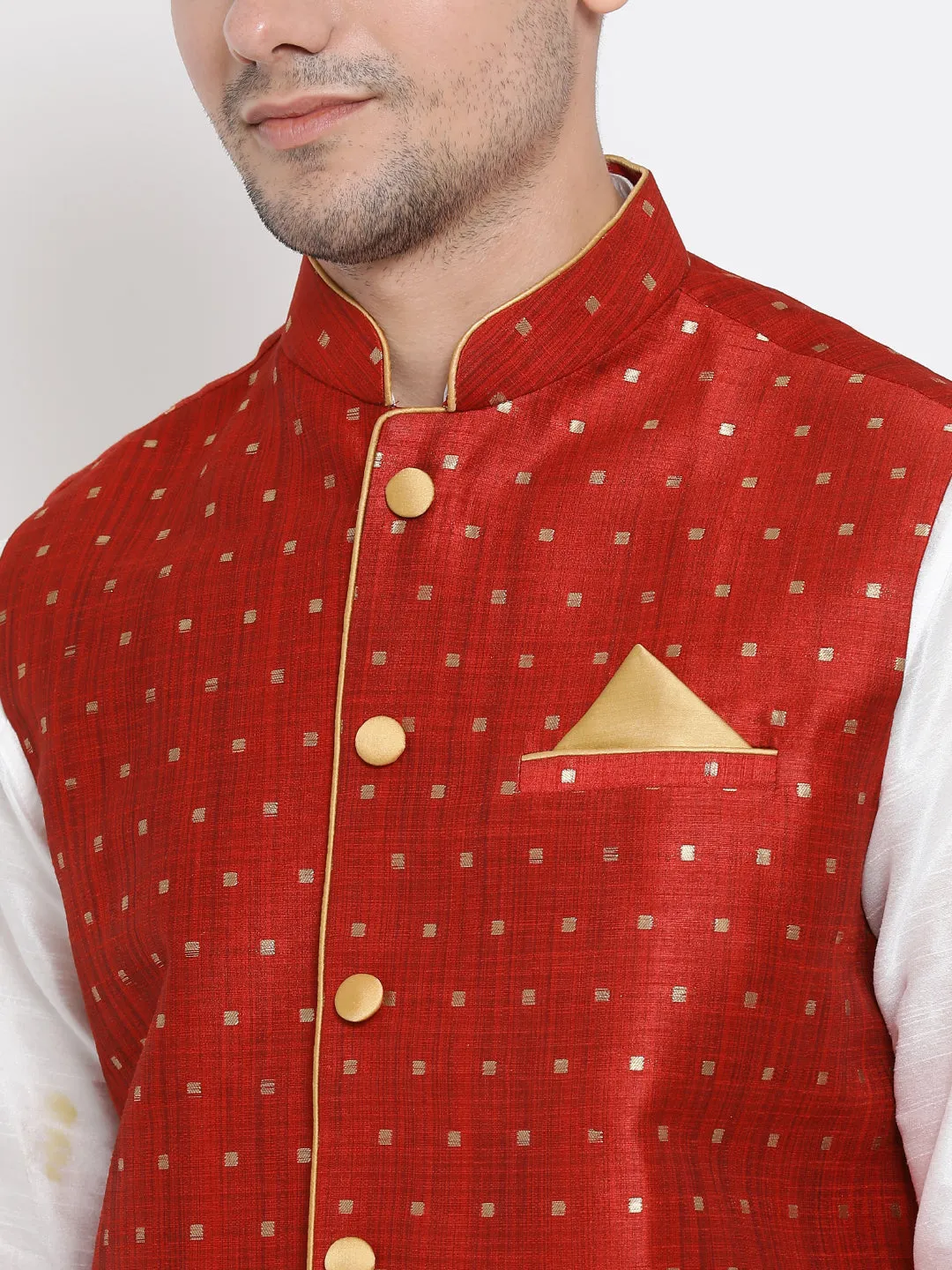 VM By VASTRAMAY Men's Maroon Zari Weaved Jacket With Kurta Pyjama Set